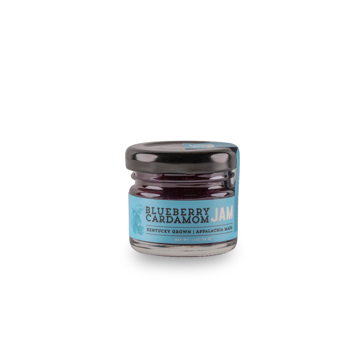 Blueberry cardamom jam jar with black lid, dark purple filling, blue label.