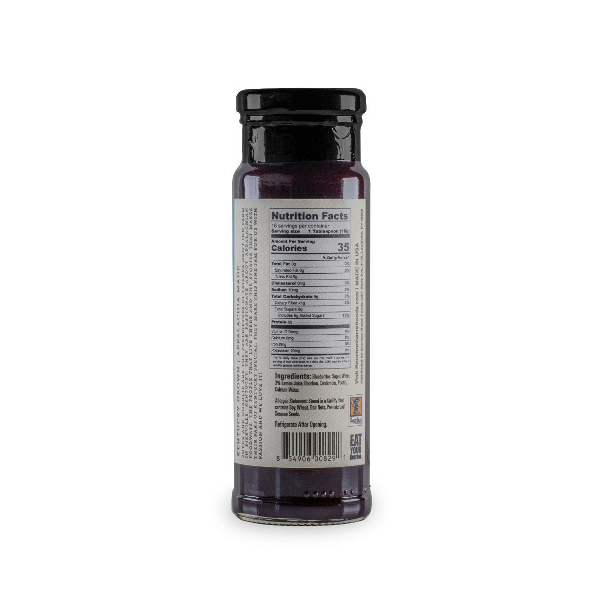 Blueberry cardamom jam jar back label with nutrition facts, ingredients, and bar code.