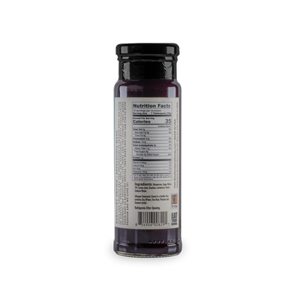 Blueberry cardamom jam jar back label with nutrition facts, ingredients, and bar code.