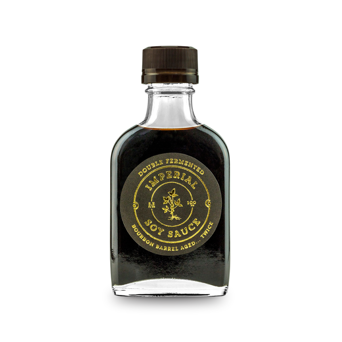 Imperial soy sauce bottle with dark liquid and ribbed cap