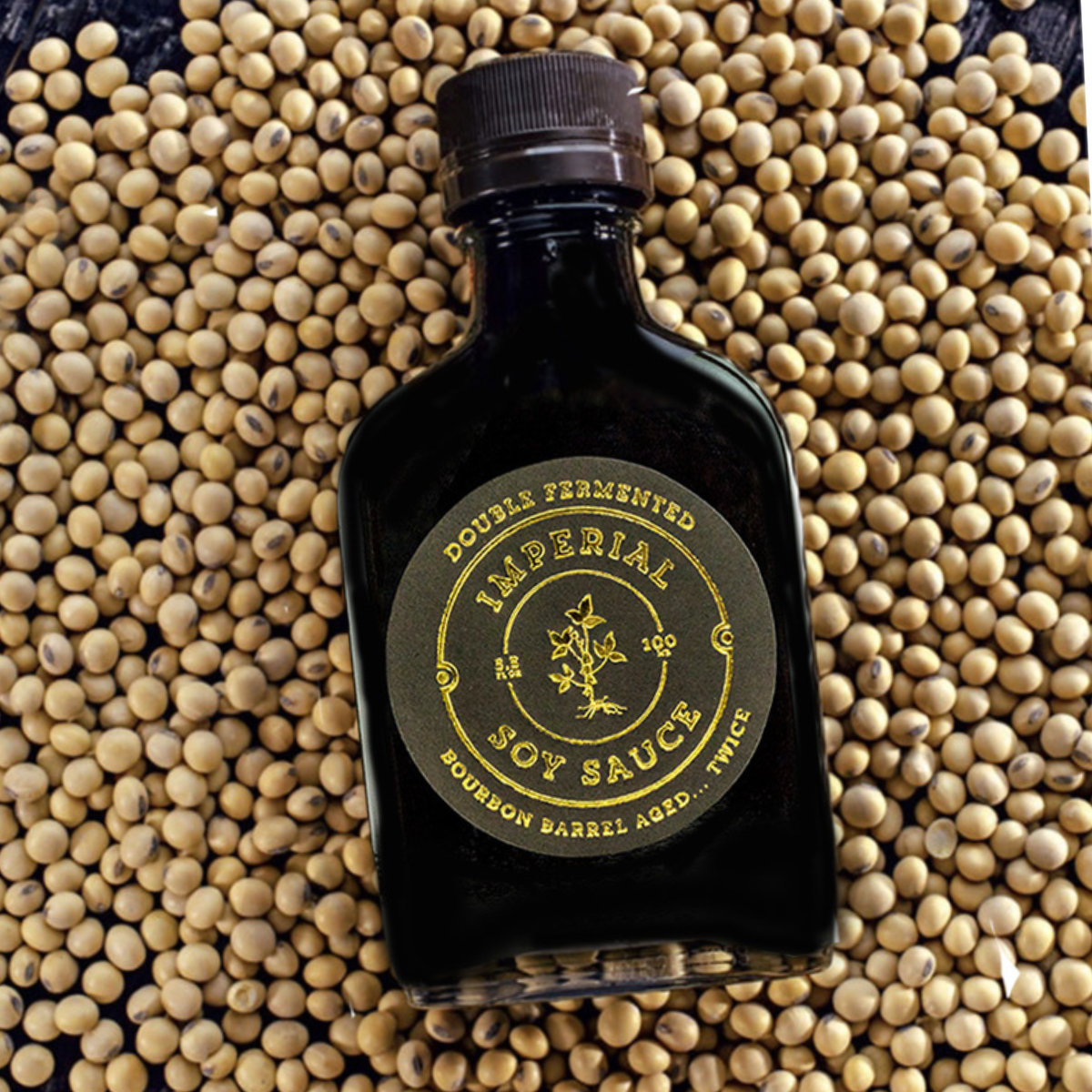 Soy sauce bottle with ribbed cap and label close-up