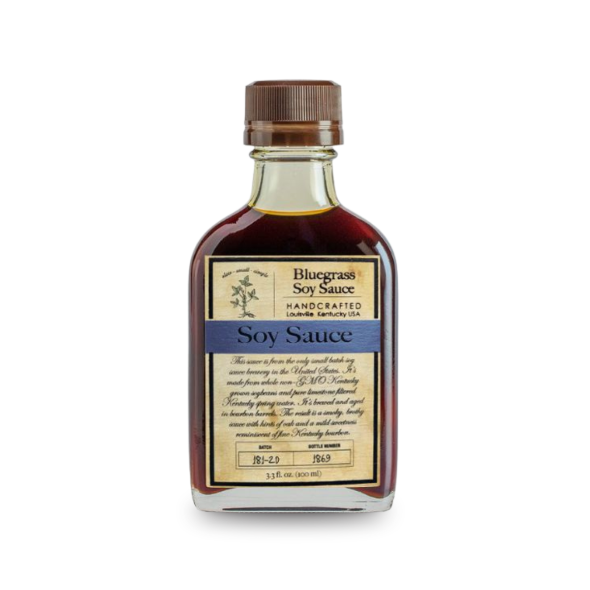 Bluegrass soy sauce bottle, dark brown liquid, ribbed metal cap, front label
