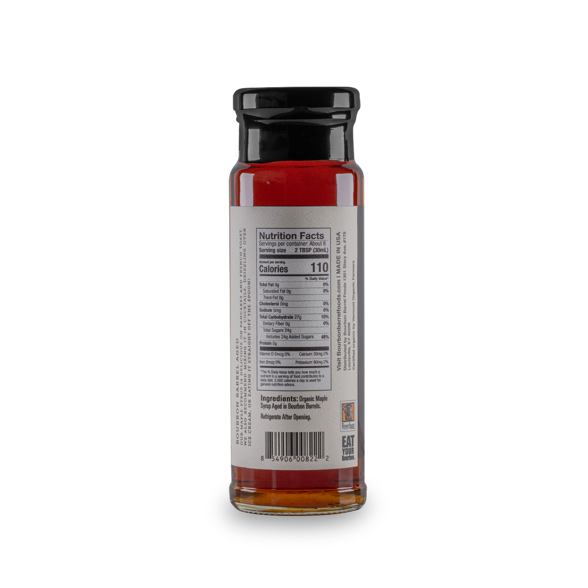 Bourbon barrel-aged maple syrup bottle back label with nutrition facts