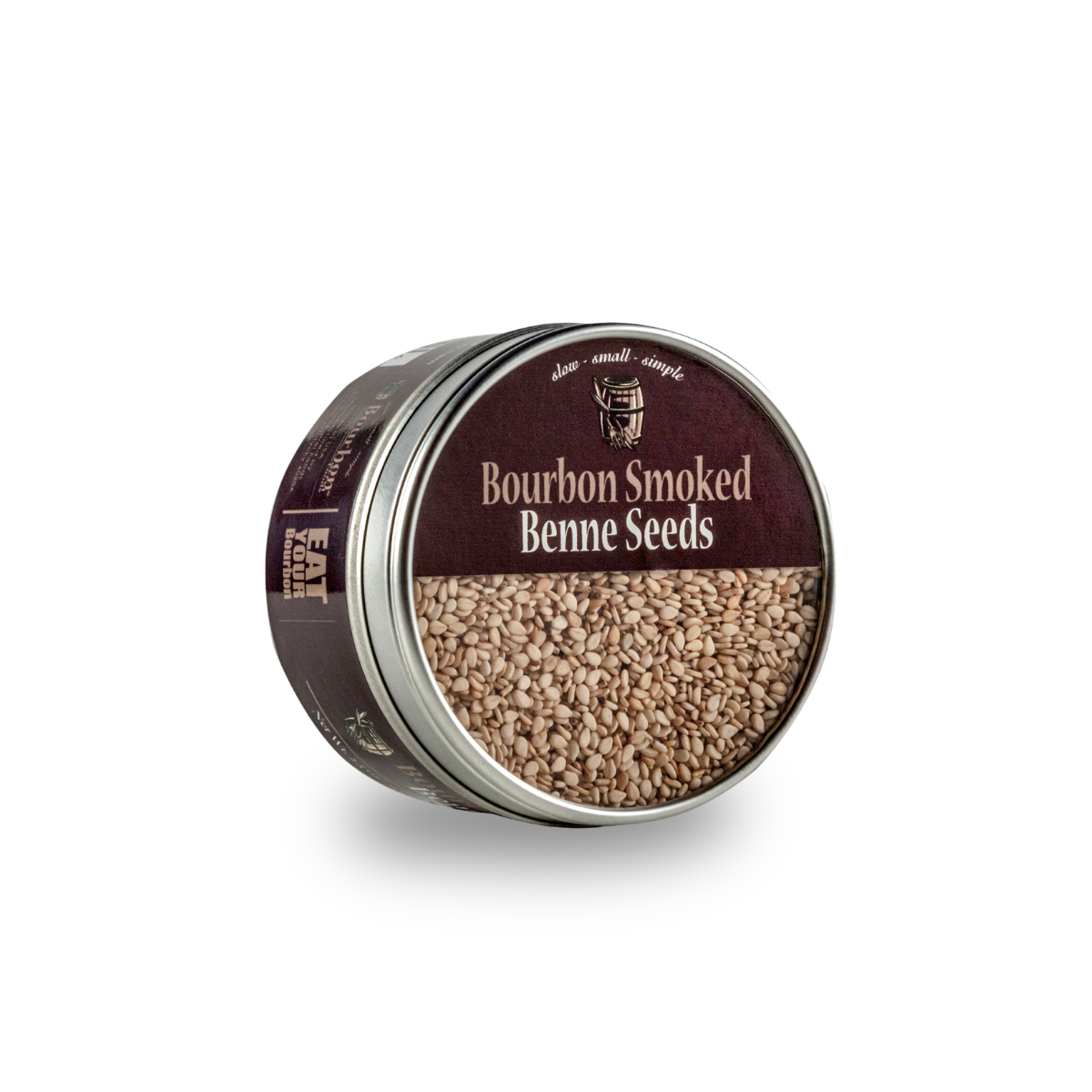 Bourbon smoked benne seeds jar with seeds visible through front window