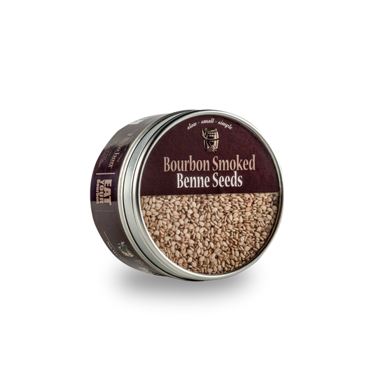 Bourbon smoked benne seeds jar with seeds visible through front window