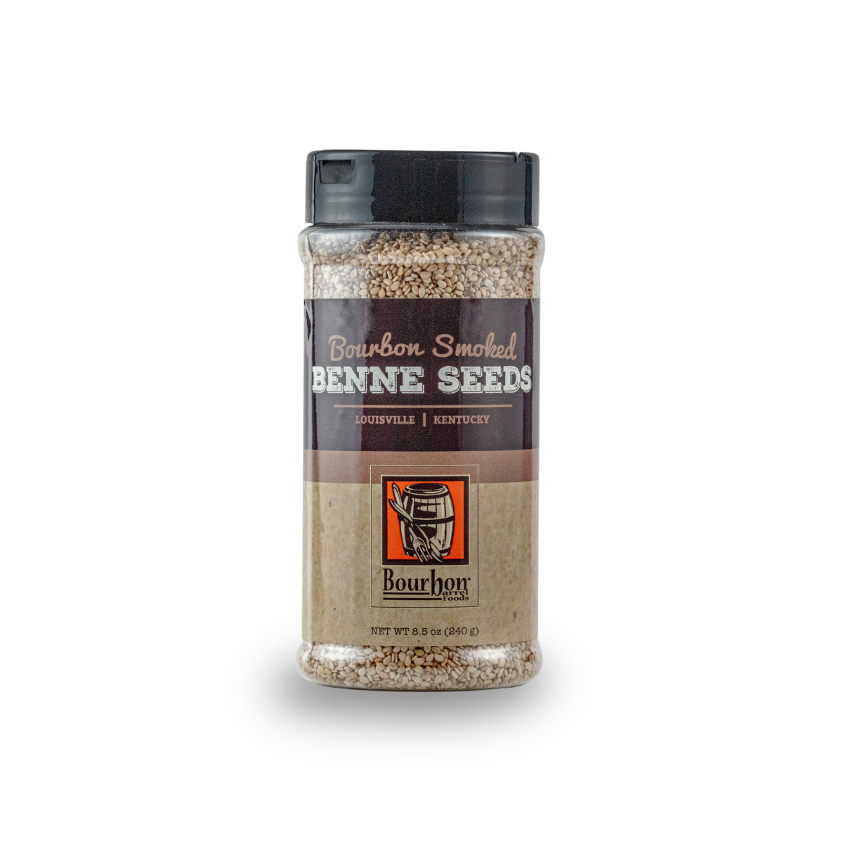 Bourbon smoked benne seeds jar with dark lid and beige seed filling