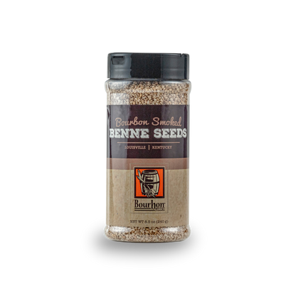 Bourbon smoked benne seeds jar with dark lid and beige seed filling