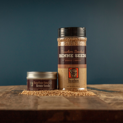 Bourbon smoked benne seeds containers, one jar label visible, seeds spilled