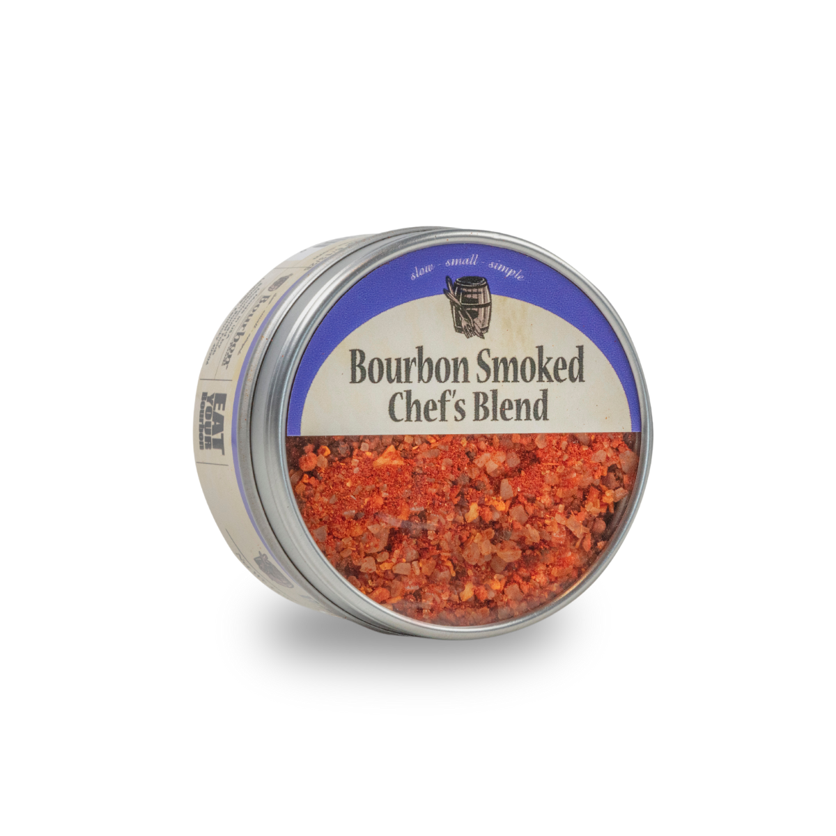 Round spice blend jar with silver lid, blue label, and red-orange seasoning inside