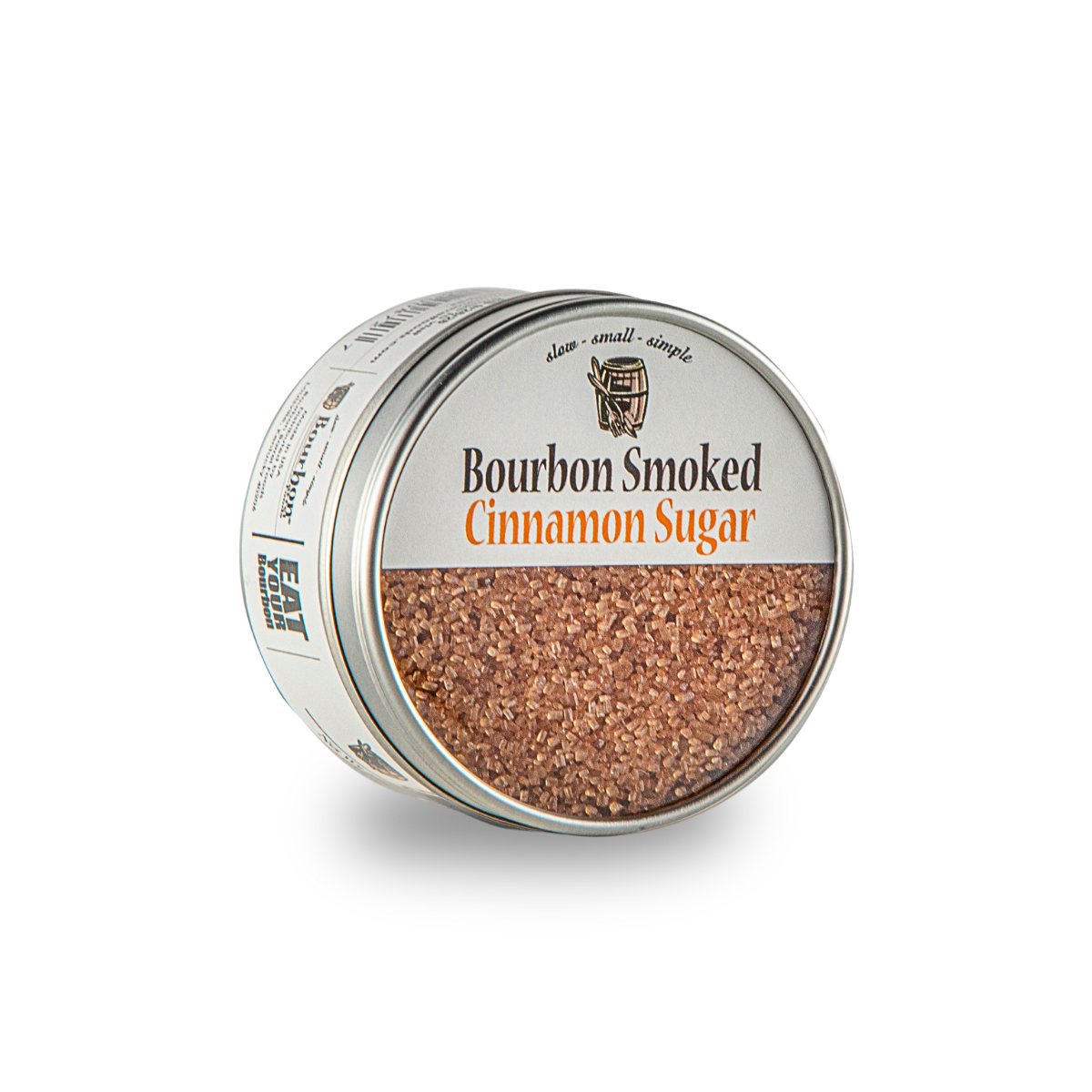 Bourbon smoked cinnamon sugar tin with open lid showing brown sugar crystals