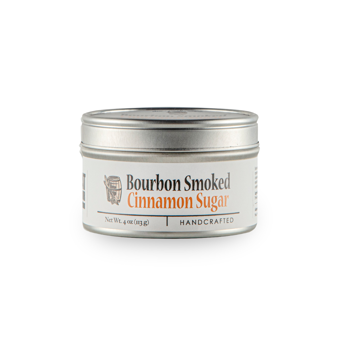 Bourbon smoked cinnamon sugar tin with white front label on silver container