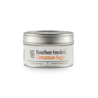 Bourbon smoked cinnamon sugar tin with white front label on silver container