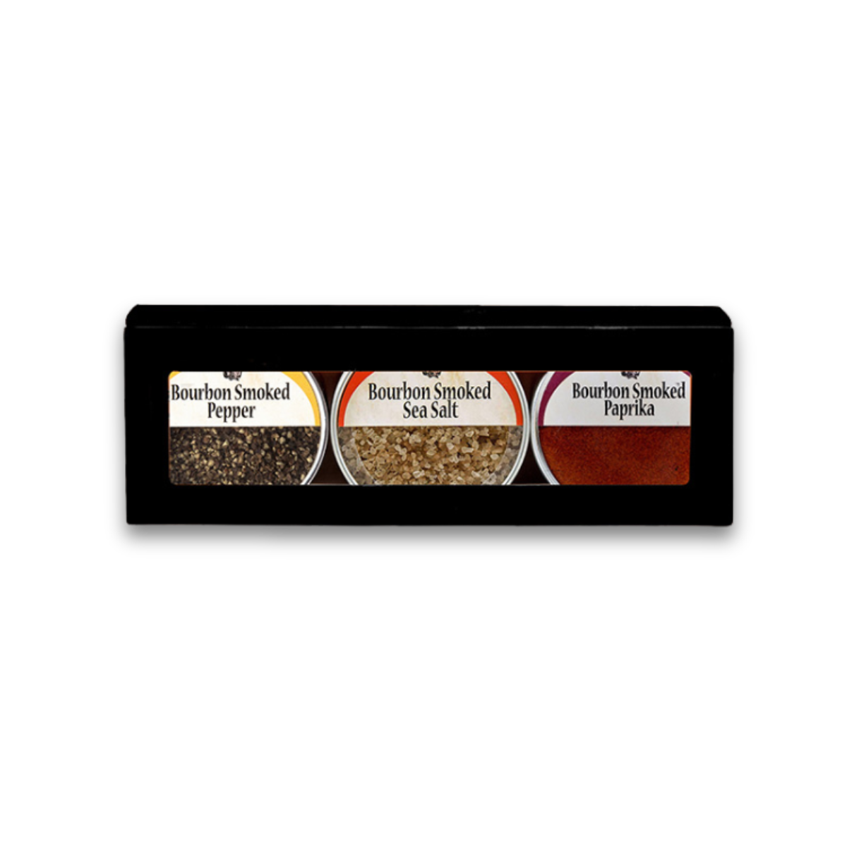 3-pack bourbon smoked spice gift set with three labeled spice containers in box
