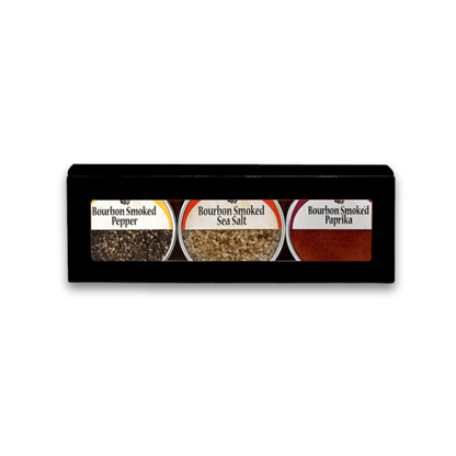 3-pack bourbon smoked spice gift set with three labeled spice containers in box