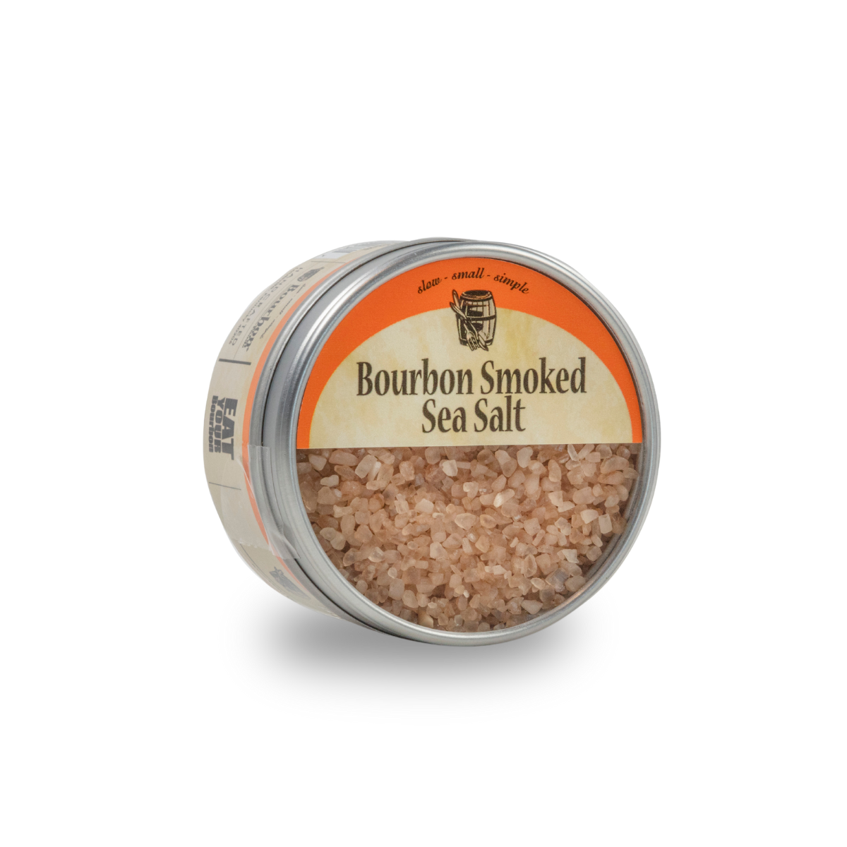 Bourbon smoked sea salt tin, lid-up with coarse pink salt visible