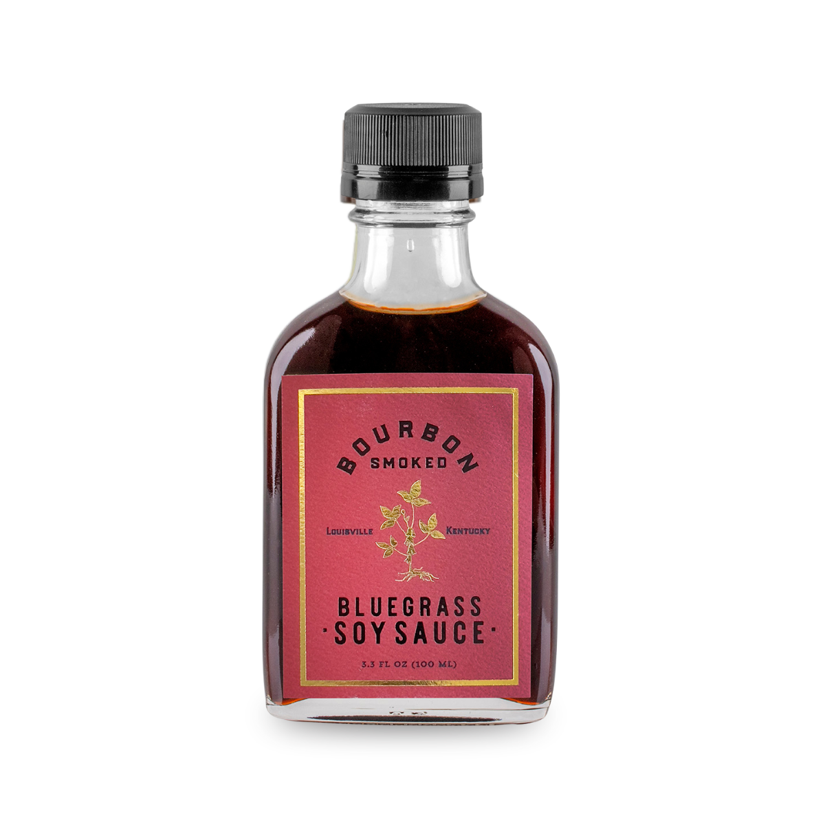 Smoked soy sauce bottle with bluegrass label and black ribbed cap