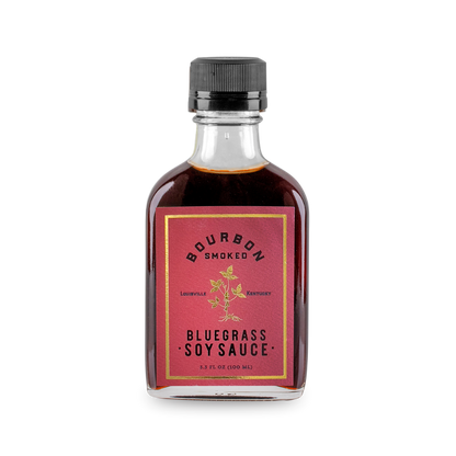 Smoked soy sauce bottle with bluegrass label and black ribbed cap
