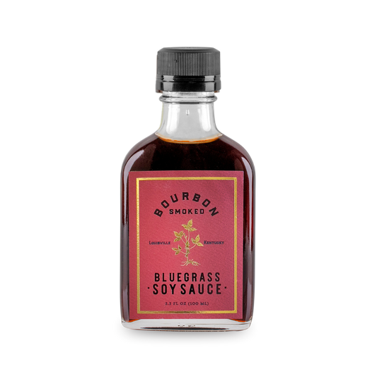 Smoked soy sauce bottle with bluegrass label and black ribbed cap