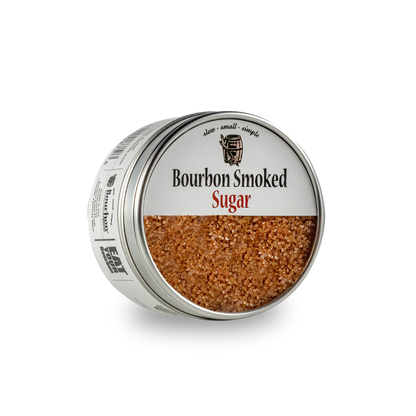 Smoked sugar tin with granular brown sugar filling, round metal lid