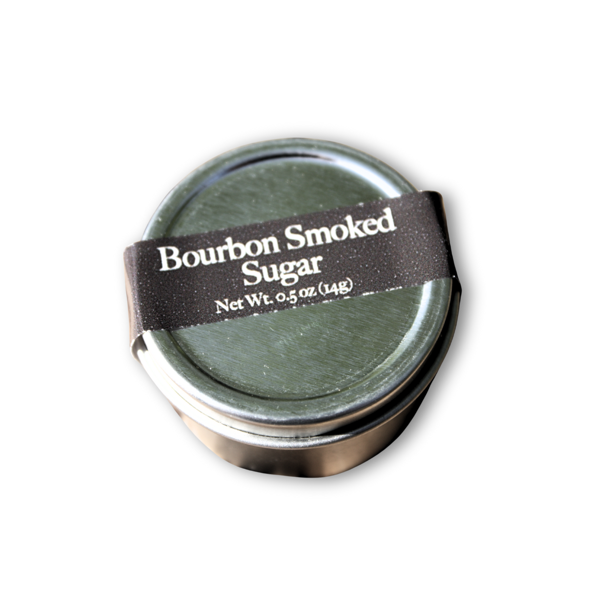 Smoked sugar tin lid with dark label and net weight text, filled with sugar