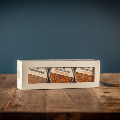 Bourbon smoked sugars gift box showing three jars with cinnamon, vanilla, orange sugar