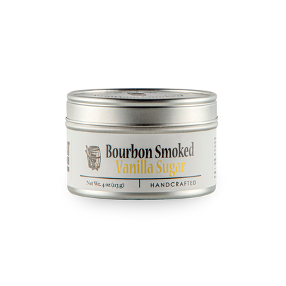 Smoked vanilla sugar tin with front label and silver screw-top lid