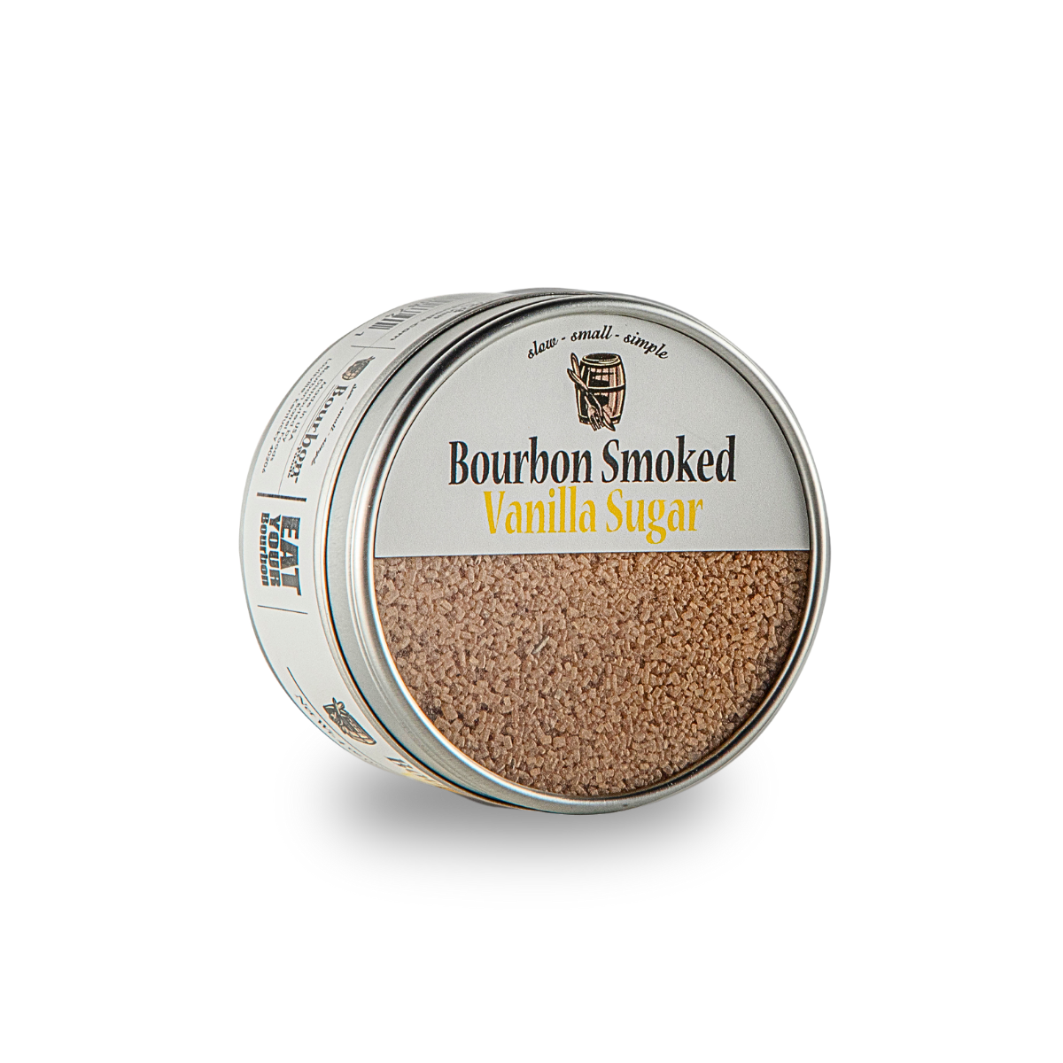 Smoked vanilla sugar tin with sugar granules visible in the front opening