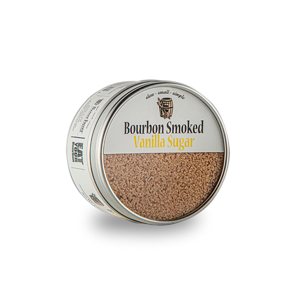 Smoked vanilla sugar tin with sugar granules visible in the front opening