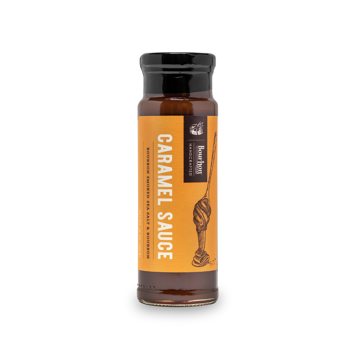 Caramel sauce bottle with orange label and dark cap