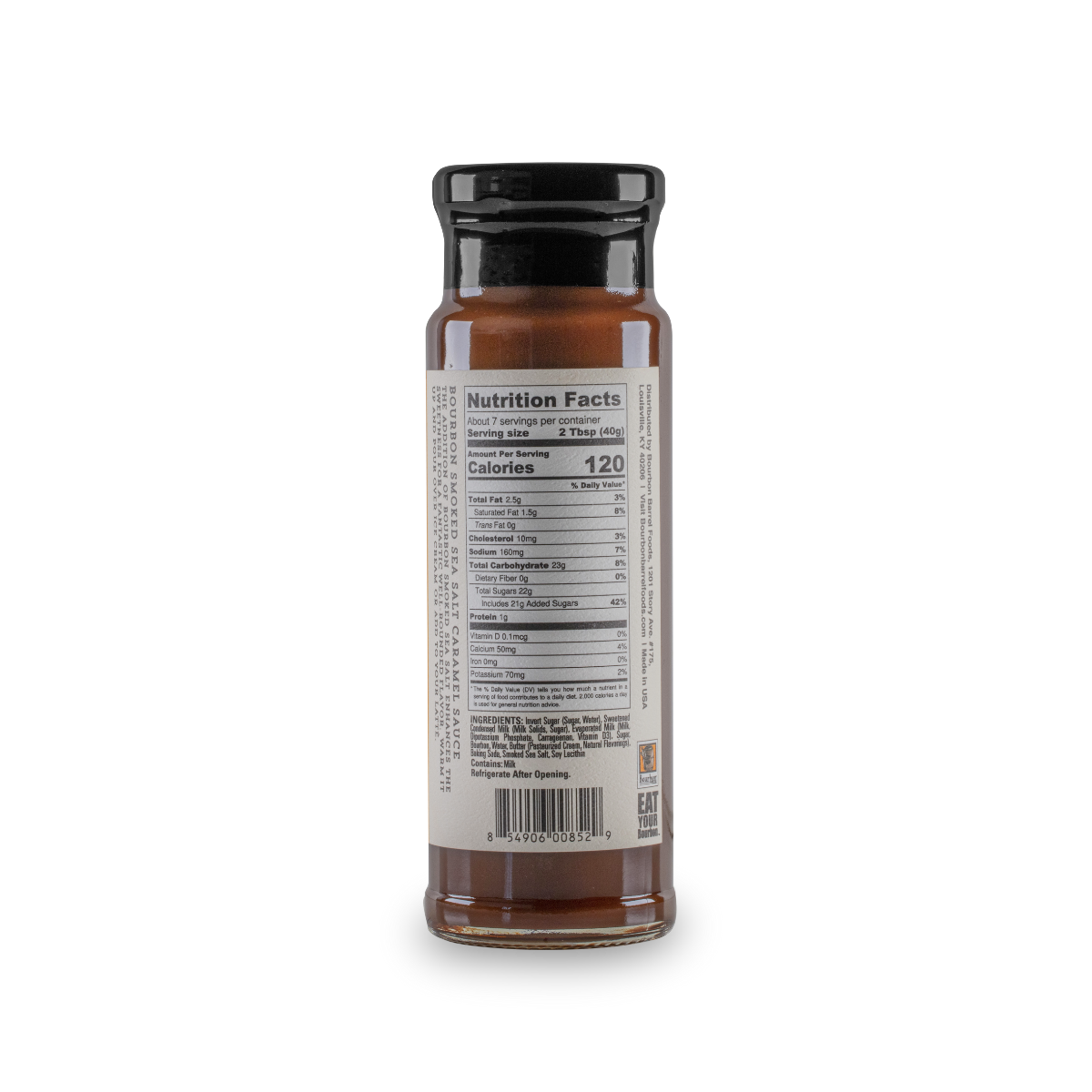 Caramel sauce bottle back label with nutrition facts and ingredient list