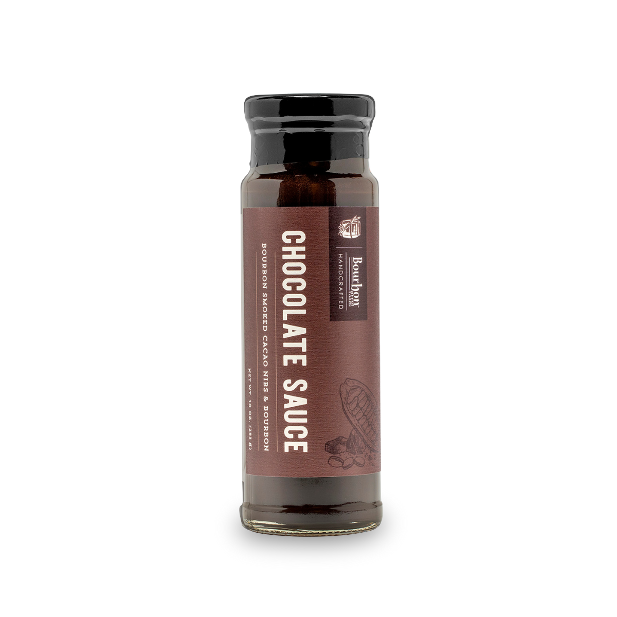 Bourbon-smoked cacao nib chocolate sauce bottle with dark amber liquid