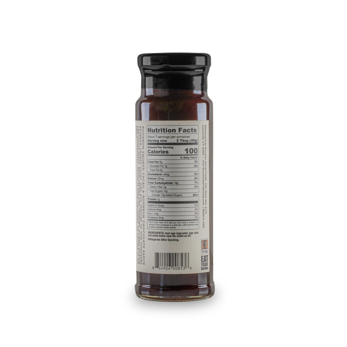 Chocolate sauce bottle back label with Nutrition Facts and ingredients panel