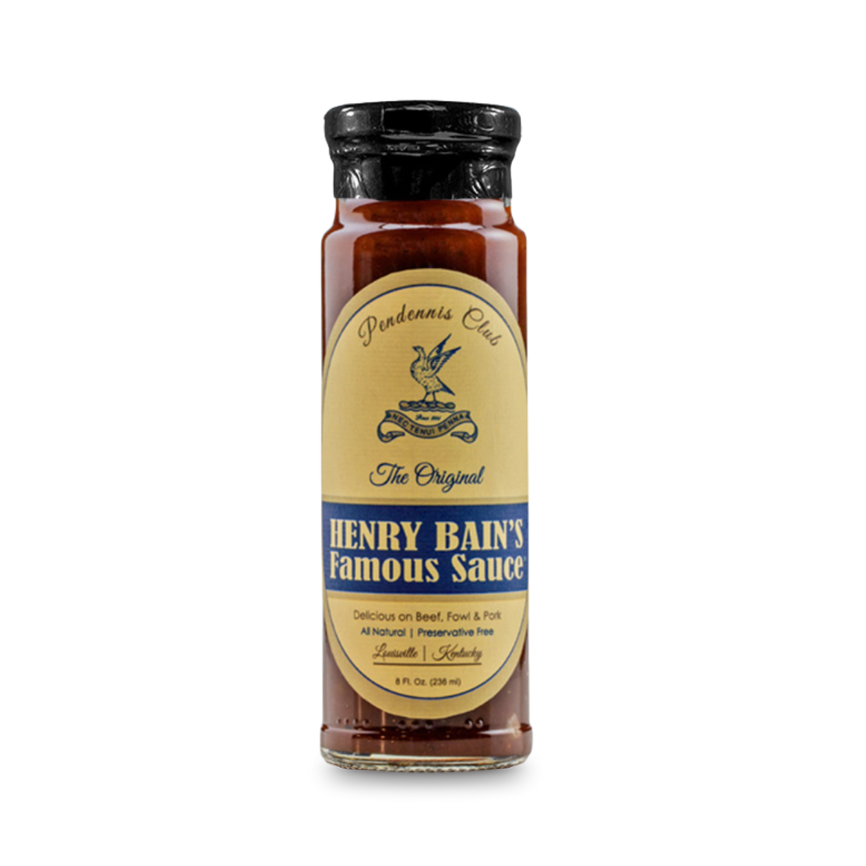 Original Henry Bain's sauce bottle with amber liquid and black cap