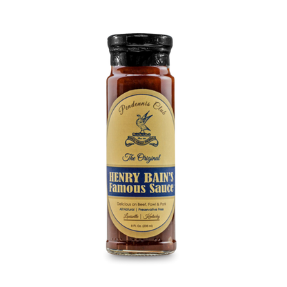Original Henry Bain's sauce bottle with amber liquid and black cap