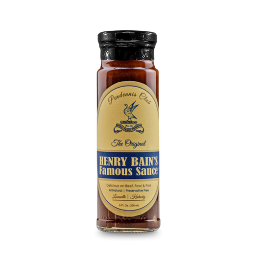 Original Henry Bain's sauce bottle with amber liquid and black cap