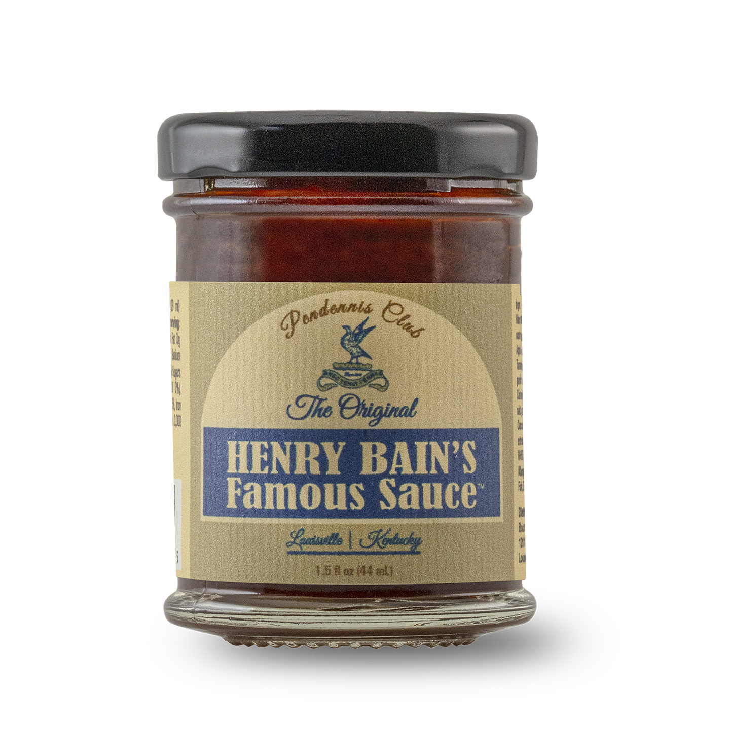 Small Henry Bain's famous sauce jar with amber sauce and black lid