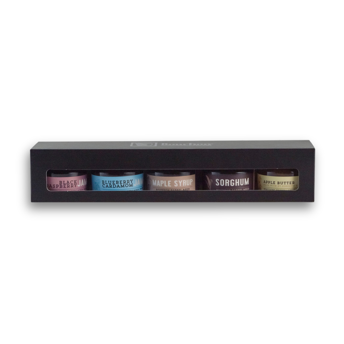 Bourbon barrel jams gift set gift box with five mini jars, top window view