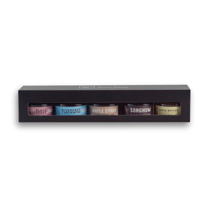 Bourbon barrel jams gift set gift box with five mini jars, top window view