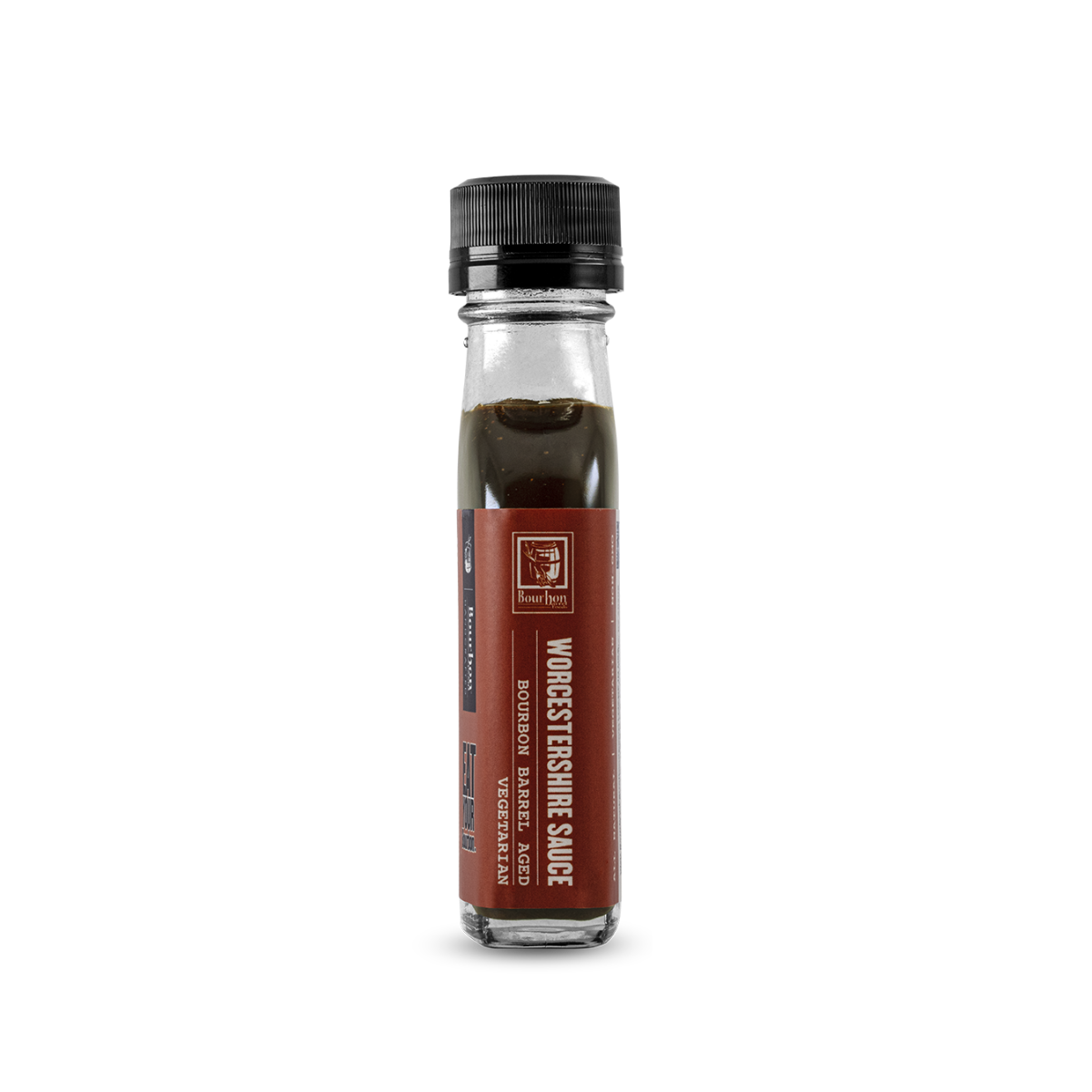 Worcestershire sauce bottle with amber-brown liquid and black ribbed cap, side label view