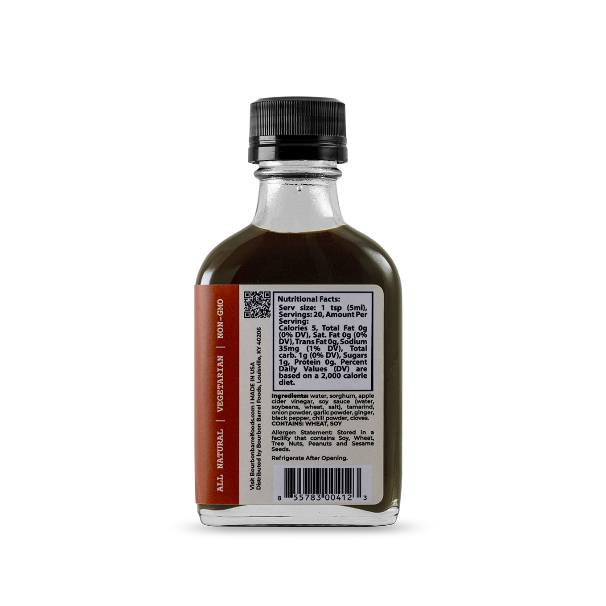 Worcestershire sauce bottle with dark sauce and nutrition label panel, black ribbed cap