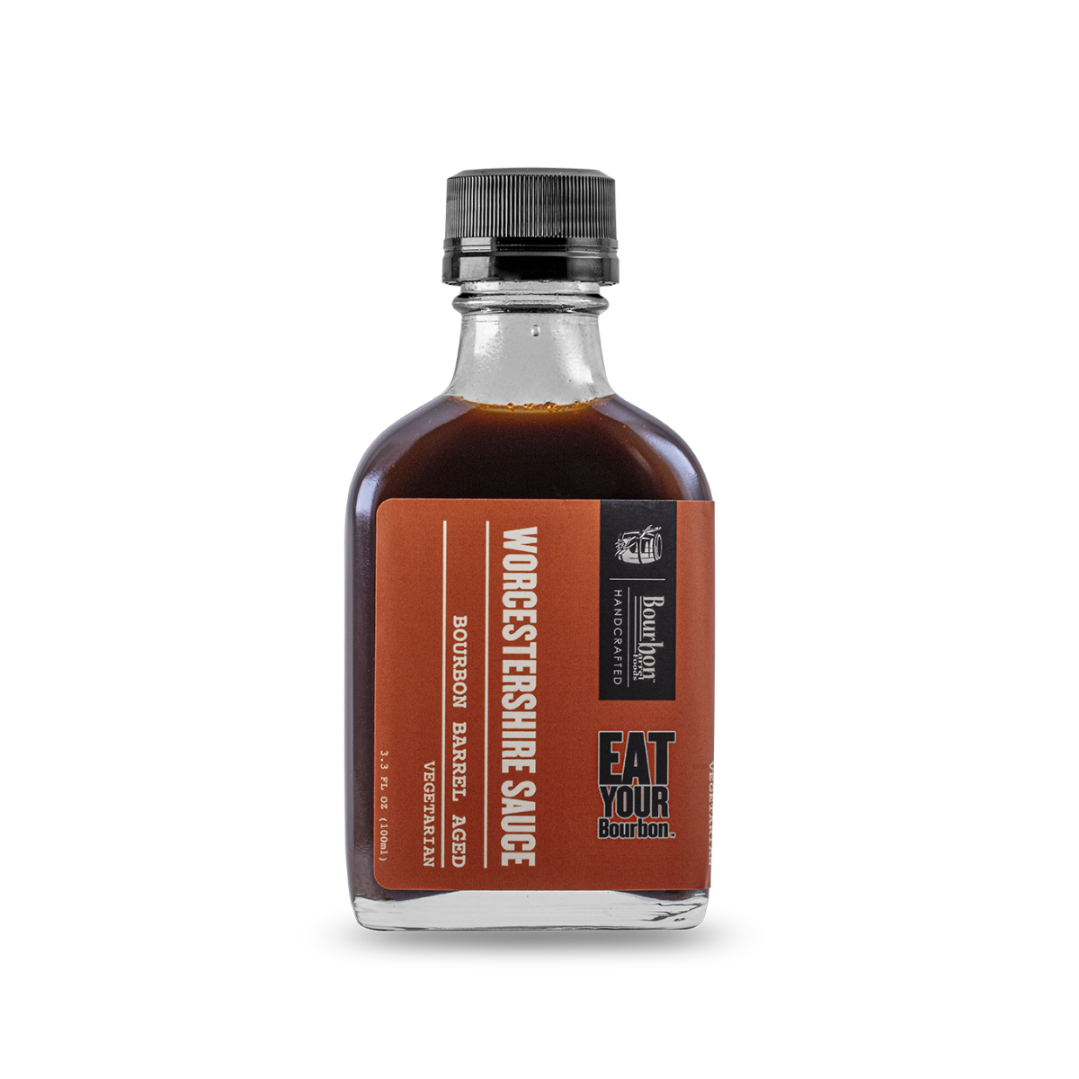 Worcestershire sauce bottle with amber-brown liquid and black ribbed cap, front label