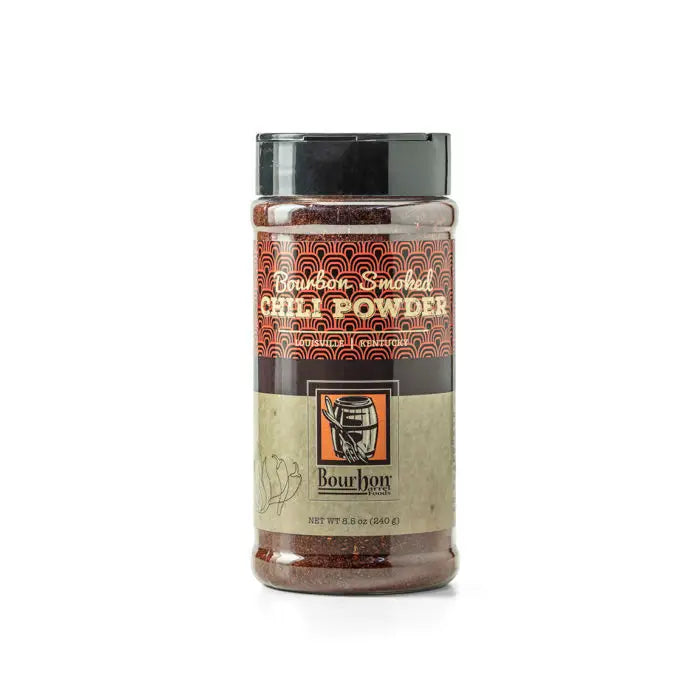 Bourbon smoked chili powder jar with front label and clear shaker top