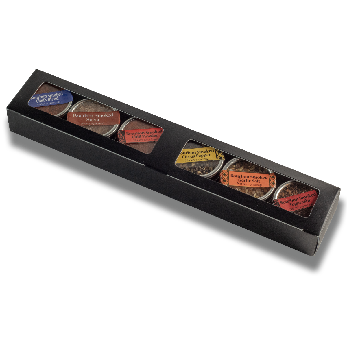 Bourbon smoked spices mini trial set in black box with six labeled spice tins