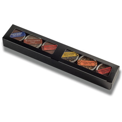Bourbon smoked spices mini trial set in black box with six labeled spice tins