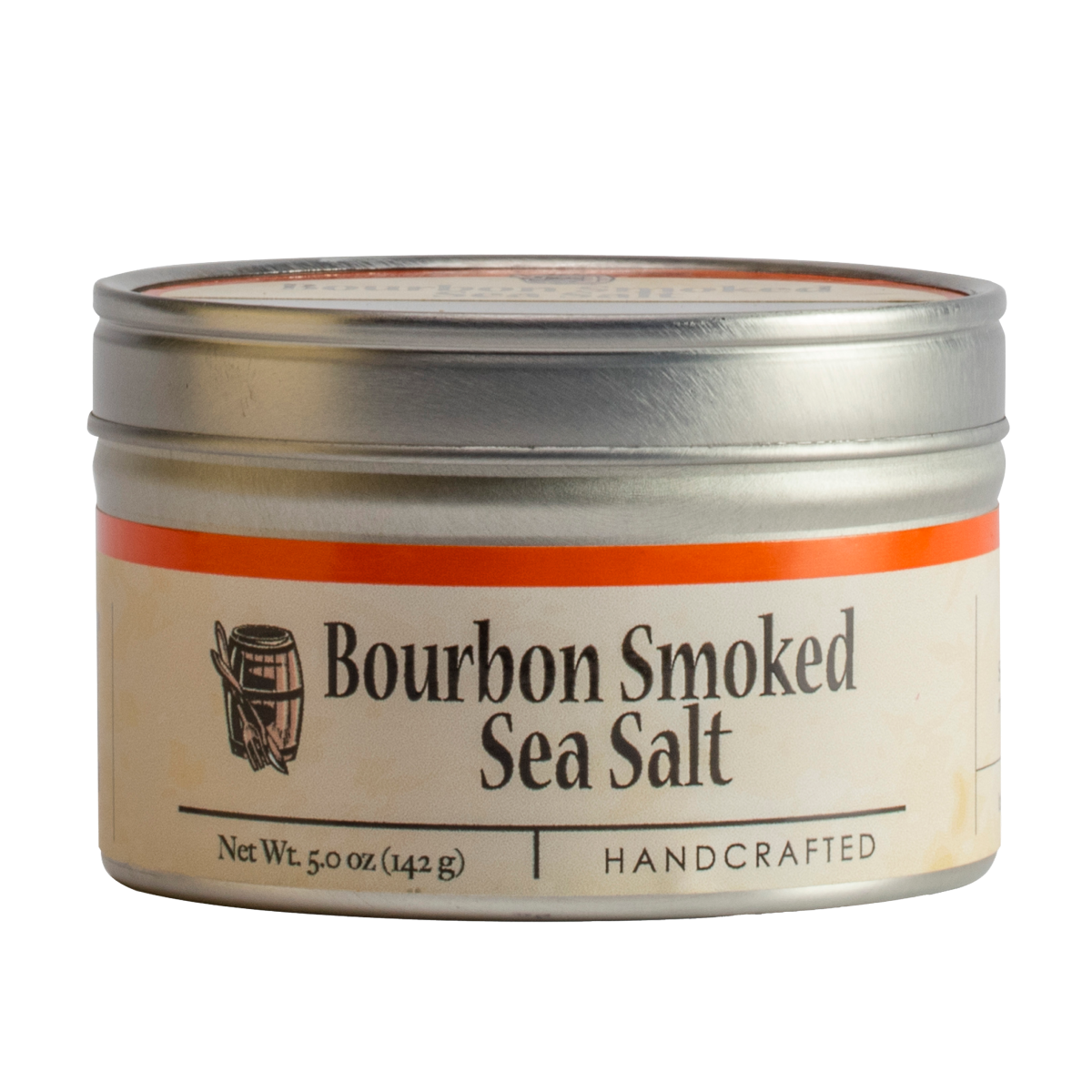 Bourbon smoked sea salt jar with orange band label on metal lid