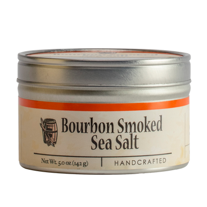 Bourbon smoked sea salt jar with orange band label on metal lid