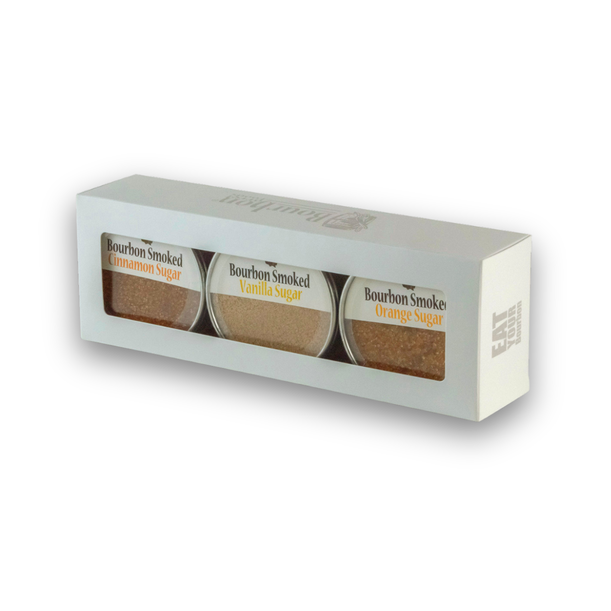 Bourbon smoked sugars gift box with three jars labeled cinnamon, vanilla, and orange