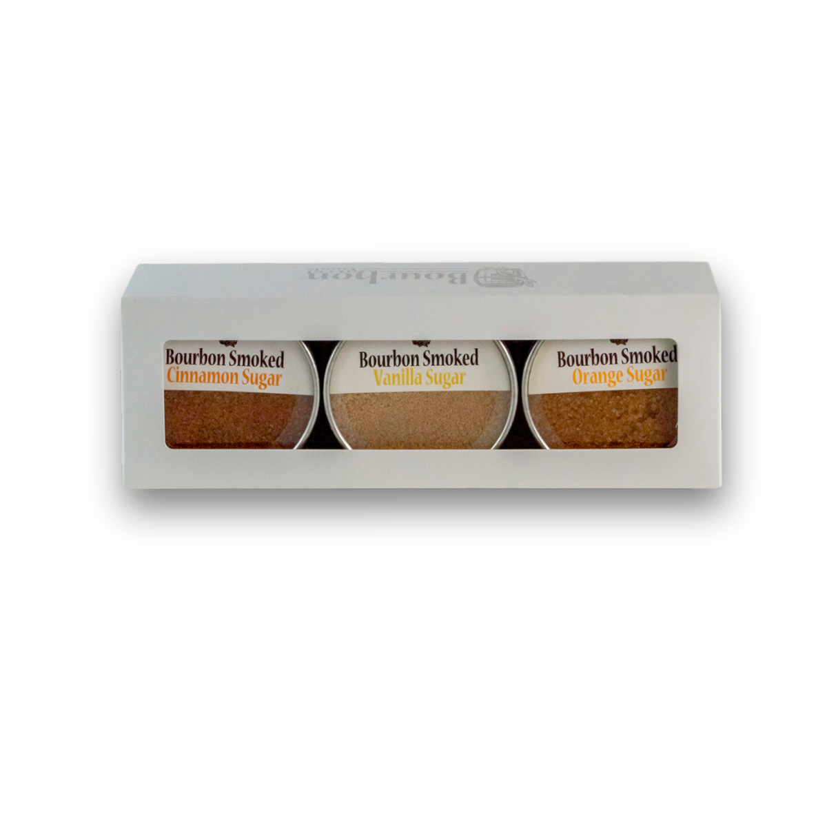 Bourbon smoked sugars gift box showing jars labeled cinnamon, vanilla sugar, and orange