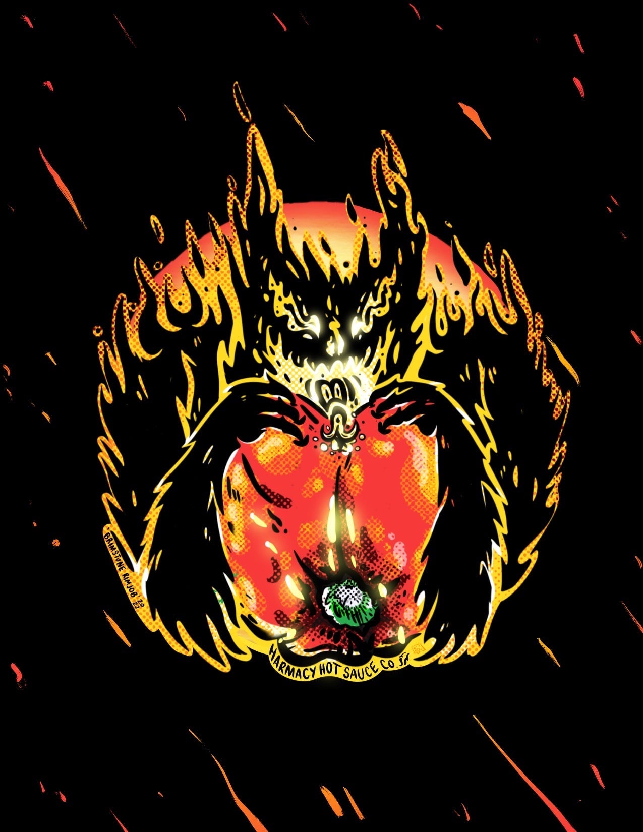 Hot sauce logo illustration of a flaming creature with glowing eyes and sparks.
