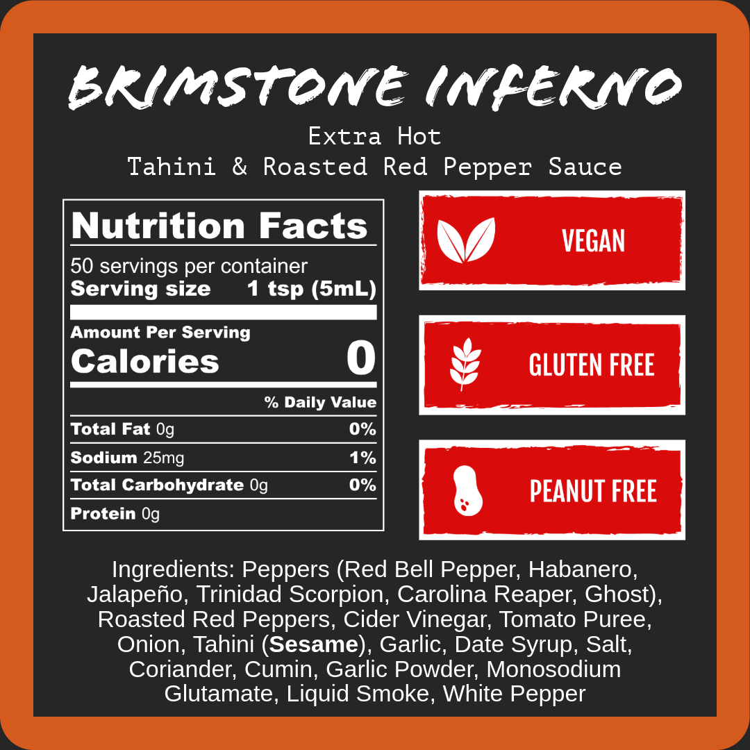 Brimstone Inferno extra hot sauce label, vegan, gluten-free, peanut-free